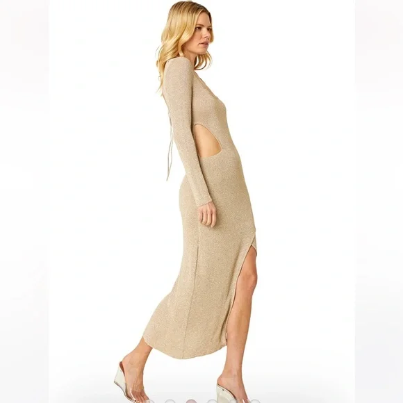 NWT Misa Los Angles Metallic Gold Beige Knit Cut Out Midi Sweater Dress - Picture 4 of 13